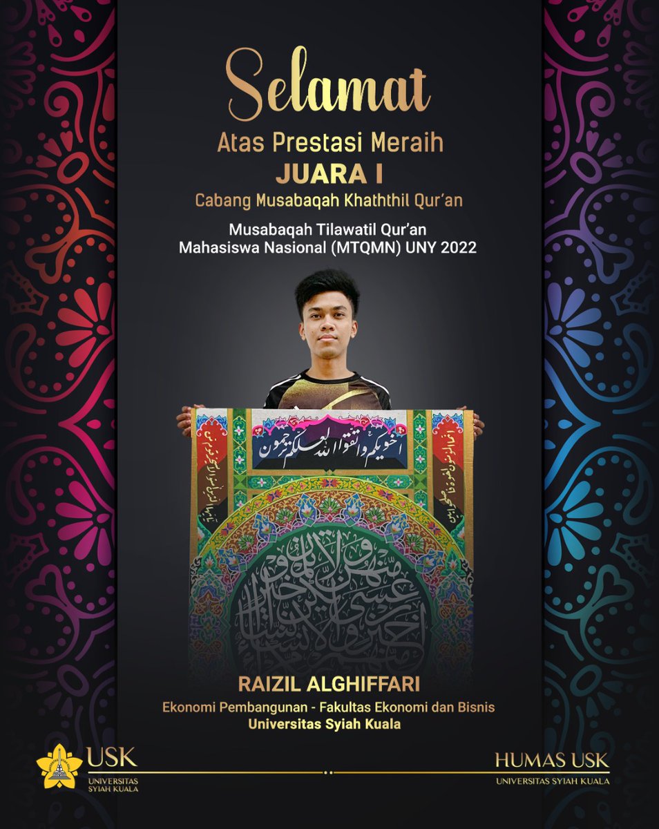 univ_syiahkuala's tweet photo. #BeritaUSK
Raizil Alghiffari berhasil meraih juara 1 pada perlombaan Musabaqah Tilawatil Quran Mahasiswa Nasional (MTQMN) cabang Khattil Quran Dekorasi.
https://t.co/BmY9BRBwoP

#USK https://t.co/1FZfktCzRM