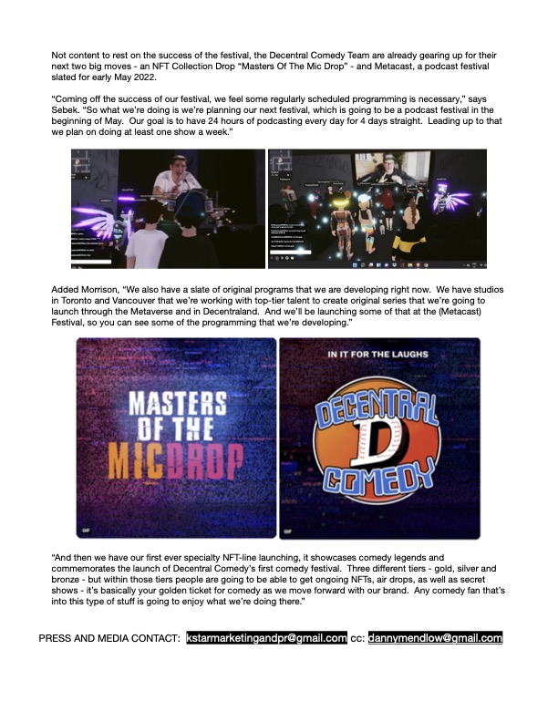 kstarsbest's tweet photo. ***FOR IMMEDIATE RELEASE***
@TylerMorrison1's @DecentralComedy Holds World’s First Ever #Metaverse #Comedy Festival
@RealGilbert Toplines #MicDropFest in @Decentraland’s 1st Virtual Comedy Club
Full Release:
https://t.co/76I8N0Gv1D
Press & Media: kstarmarketingandpr@gmail.com https://t.co/lifdihMOLc