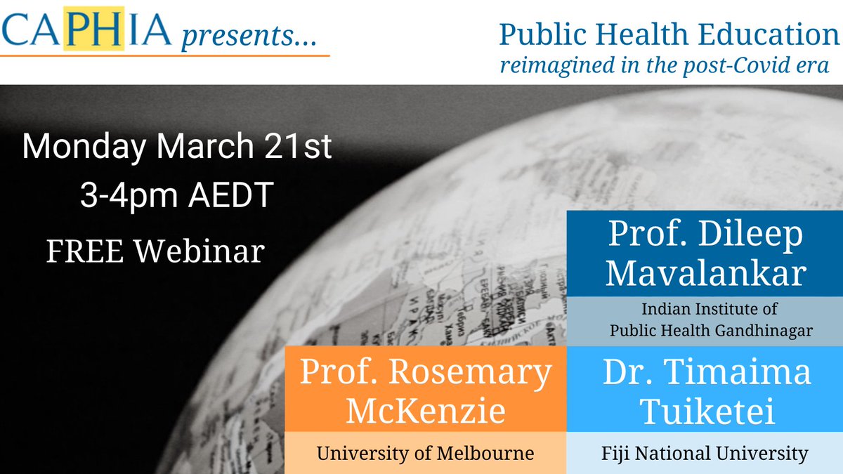 Register for this exciting event on Monday, 21st March 3-4 pm AEST. Organised by <a href="/CAPHIA1/">CAPHIA</a>  #CAPHIA-ECAPS: "Public health education reimagined in the post-covid era" Register for free: caphia.com.au/public-health-… Please share: <a href="/DrEricaJames/">Professor Erica James, PhD, PFHEA</a> <a href="/Dr_TazeenMajeed/">Dr Tazeen Majeed</a> <a href="/Uni_Newcastle/">University of Newcastle</a>