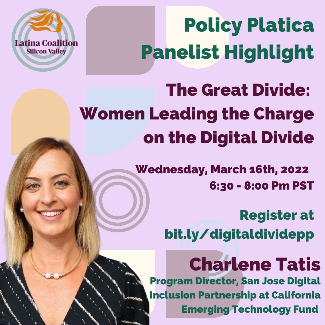 LatinaCoalition's tweet photo. 📣Policy Platica Speaker Highlight - Charlene Tatis!
We are thrilled to have Charlene join us in this important conversation on the digital divide. Register today here: https://t.co/eCxbATRYEc 

#policy #digitaldivide #lcsv #latinacoalition #latinacoalitionsiliconvalley https://t.co/CfR496gRwh