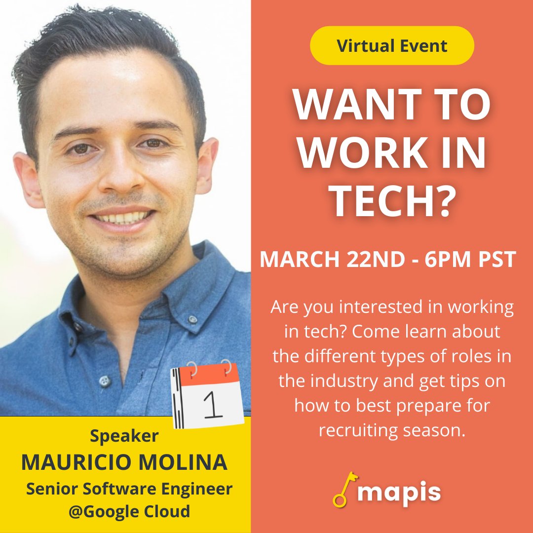 mapis_is's tweet photo. Are you an international student interested in working in tech? Come to our third event and learn about the different types of roles in the industry and get tips on how to best prepare for recruiting season. 
Speaker: Mauricio Molina, Senior Software Engineer @ GoogleCloud https://t.co/78RjBd0Njx