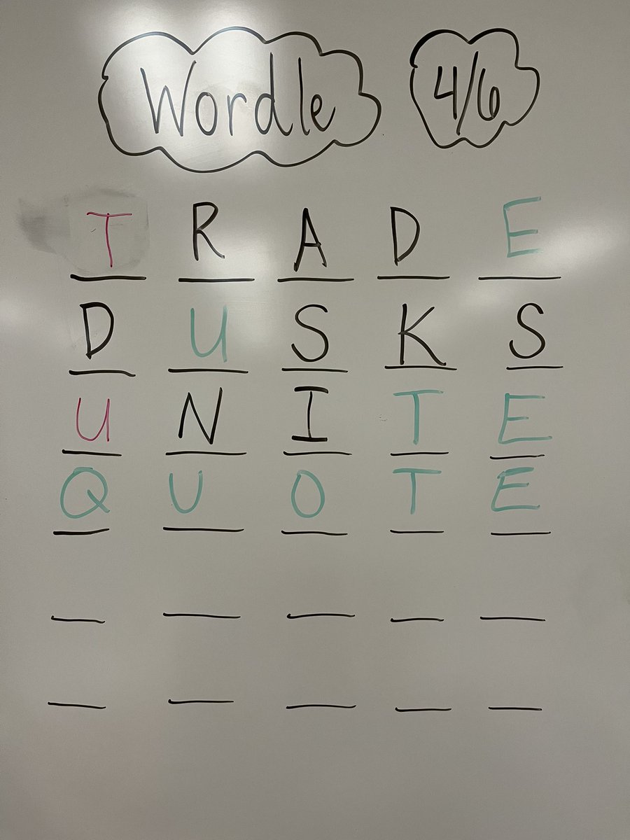 5th Grade <a href="/AES_TQStars/">TQ Star</a> requested Wordle for our Morning Meeting group activity, so we decided to make our own! 4 out of 6 is not too shabby! #tqtweet