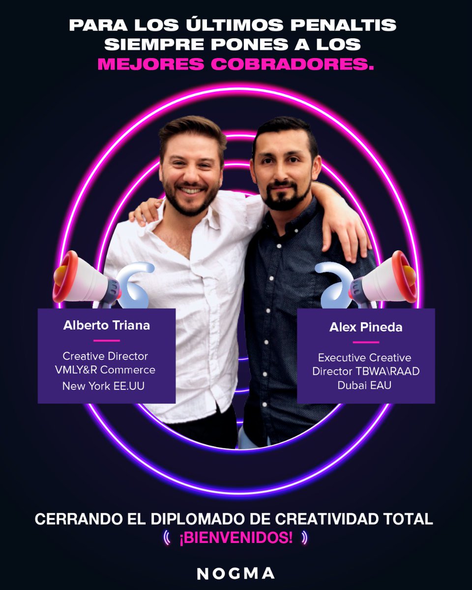 NogmaCol's tweet photo. 😎 El mercado de pases internacionales se abrió y nos anotamos un gol ⚽ al tener a Alberto Triana @atrianaw Creative Director VMLY&amp;R Commerce - NY EE.UU, y Alex Pineda Executive Creative Director TBWA\RAAD - Dubai EAU, cerrando el ciclo de nuestro diplomado de CREATIVIDAD TOTAL. https://t.co/XdwZcaNudp
