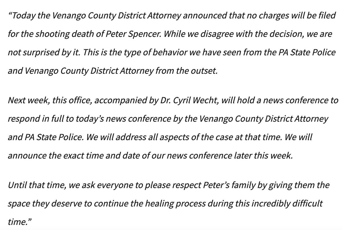 This is the statement from the attorney of the family of Peter Spencer regarding the Venango County DA’s decision not to charge anyone with the death of Peter Spencer, a Jamaican immigrant who was shot 9 times on a hunting trip with his white co-workers