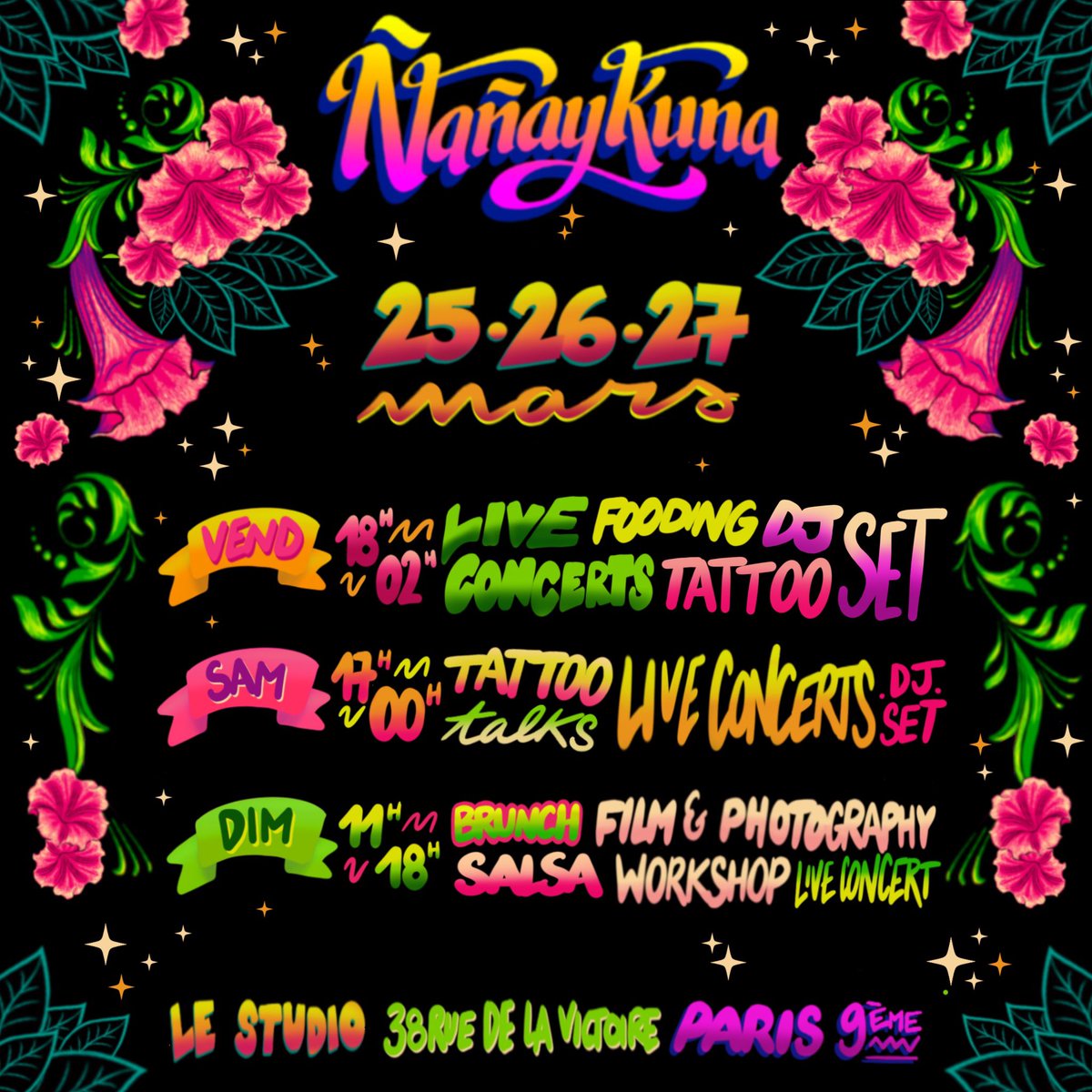 makanakuy's tweet photo. Holi 💃🏻 Le week end pro j’organise l’événement Ñañaykuna ! Un événement valorisant les femmes latino-américaines et leurs cultures !

Expo, Concerts, DJ set, Fooding latino, Flash Tattoos, Talk, Projection, et cours de salsa…Venez donner de la force et découvrir notre univers !! https://t.co/CRJ21pDT5l