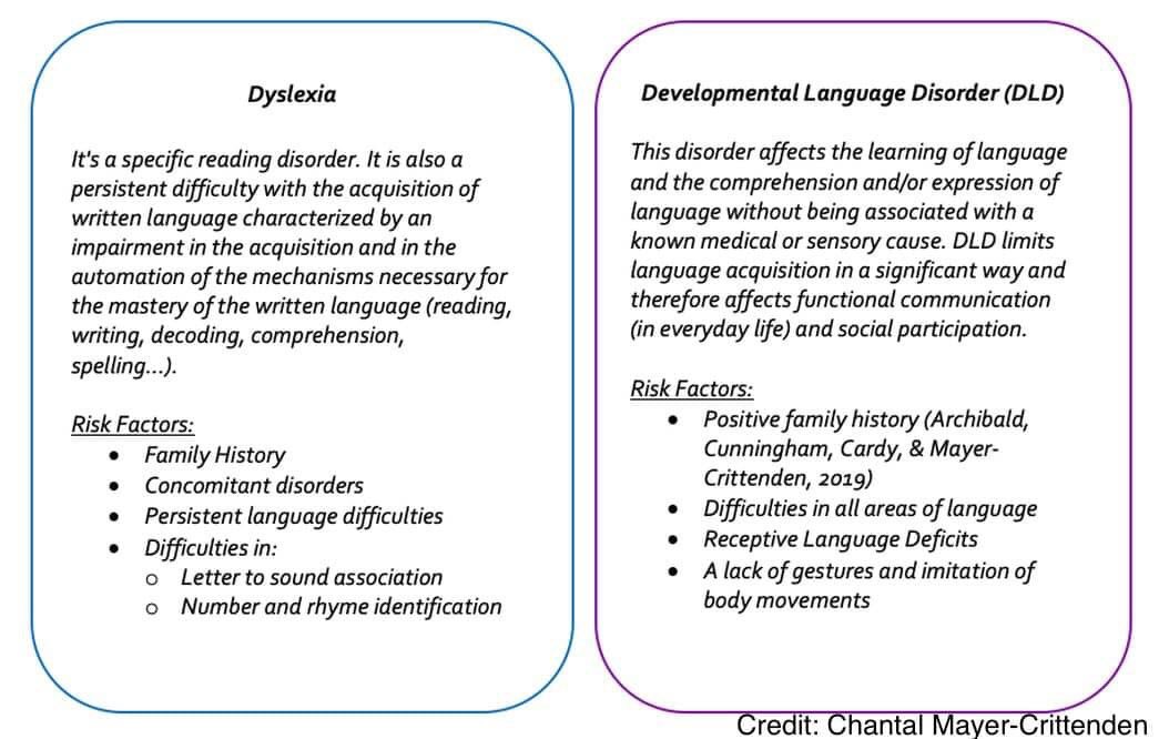 DLDinNB's tweet photo. @FIEdConsulting @ErinSchryer @GarforthEduc Do you screen for language as well as reading? 58% of those with Dyslexia also have DLD and 48% of those with DLD have Dyslexia (Snowling, et al 2019 https://t.co/kjfU6MlPQ5 ) As with reading disabilities, DLD impacts on all languages a person with DLD speaks. @RADLDcam 💜 https://t.co/kIBep1TTbZ