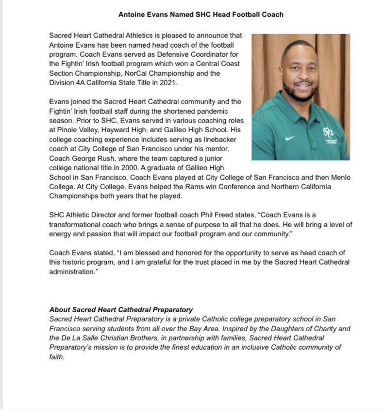 Excited and blessed to be name the new head football coach @ Sacred Heart Cathedral!!!! Thanks @csmith_AD, <a href="/CannonGary/">Gary Cannon</a> and the entire Sacred Heart Cathedral community for believing in me….Go Irish ☘️☘️☘️