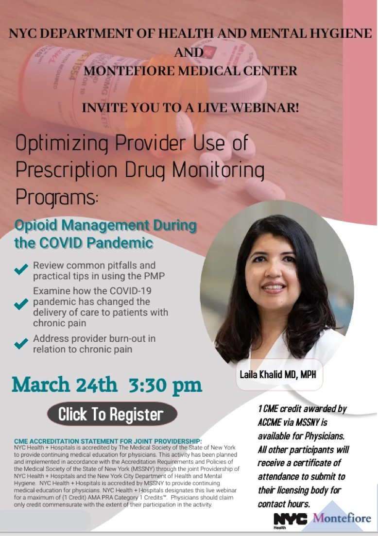 New York Society of Addiction Medicine (@nysam_connect) on Twitter photo Register for upcoming webinar hosted by <a href="/nycHealthy/">nychealthy</a> on ‘Opioid management during the COVID pandemic’ led by Dr. <a href="/laila_PMD/">Laila Khalid, MD MPH</a> of <a href="/MonteAddMed/">Montefiore - Einstein Addiction Medicine</a> <a href="/MontefioreNYC/">Montefiore Health System</a> on Thursday March 24 3:30-4:30 PM EDT
Register here: bit.ly/3MSdHOe Register for upcoming webinar hosted by <a href="/nycHealthy/">nychealthy</a> on ‘Opioid management during the COVID pandemic’ led by Dr. <a href="/laila_PMD/">Laila Khalid, MD MPH</a> of <a href="/MonteAddMed/">Montefiore - Einstein Addiction Medicine</a> <a href="/MontefioreNYC/">Montefiore Health System</a> on Thursday March 24 3:30-4:30 PM EDT
Register here: bit.ly/3MSdHOe