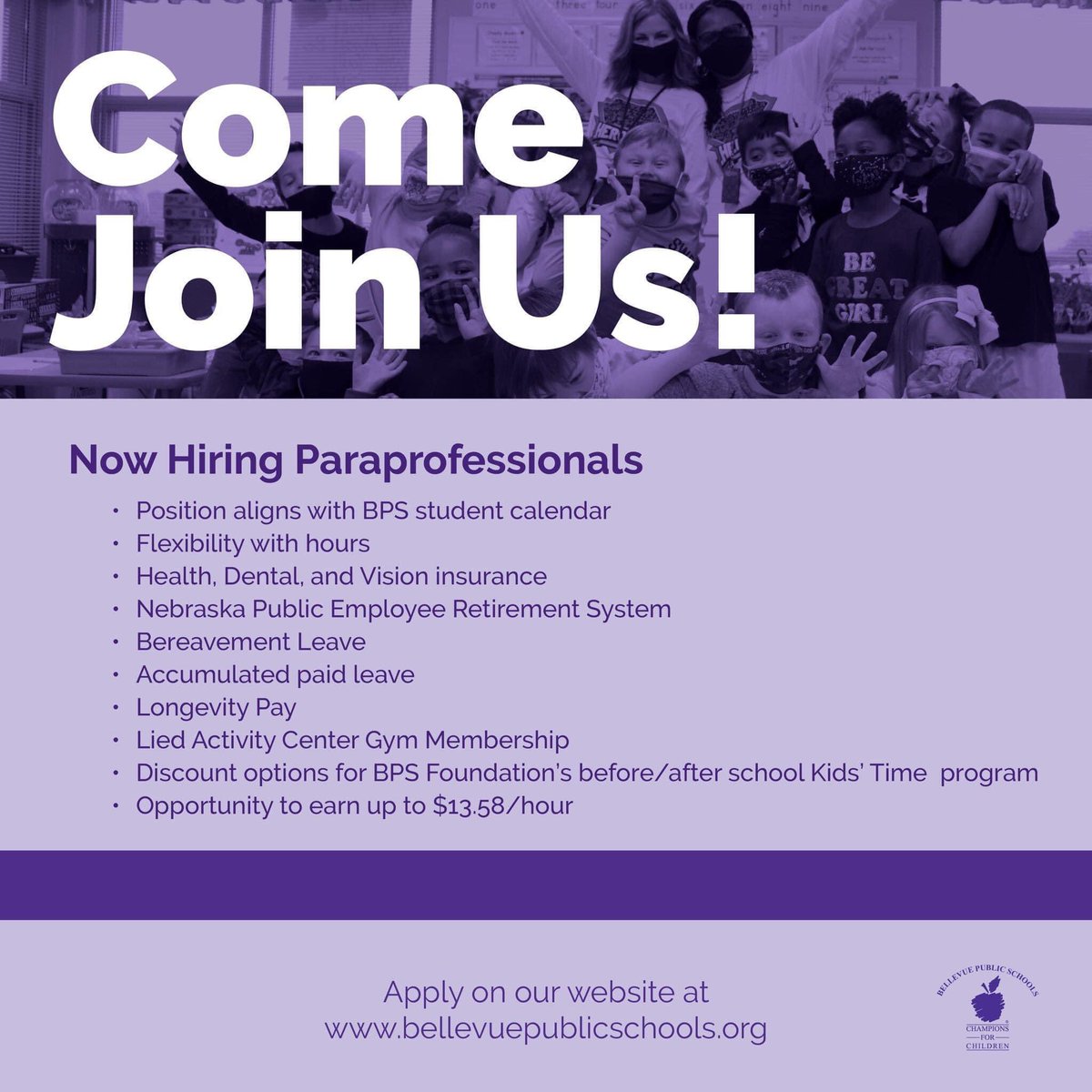 Come Join Us…
Be a Champion for Children

#TeamBPS #bpsne 

bellevuene.tedk12.com/hire/index.aspx
