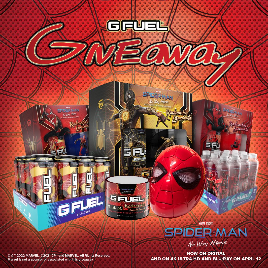 GFuelEnergy's tweet photo. ❤️ LIKE + RT + FOLLOW @SpiderManMovie to win this AMAZING #GFUEL x Spider-Man™: No Way Home Swag Kit! Picking 1 lucky winner on Thursday!

📀 #SpiderManNoWayHome Now on Digital and on 4K Ultra HD and Blu-ray on April 12!

🛒 Shop Spider-Man: No Way Home: https://t.co/OK1tdqo9Jp https://t.co/sRQvEuTxaa
