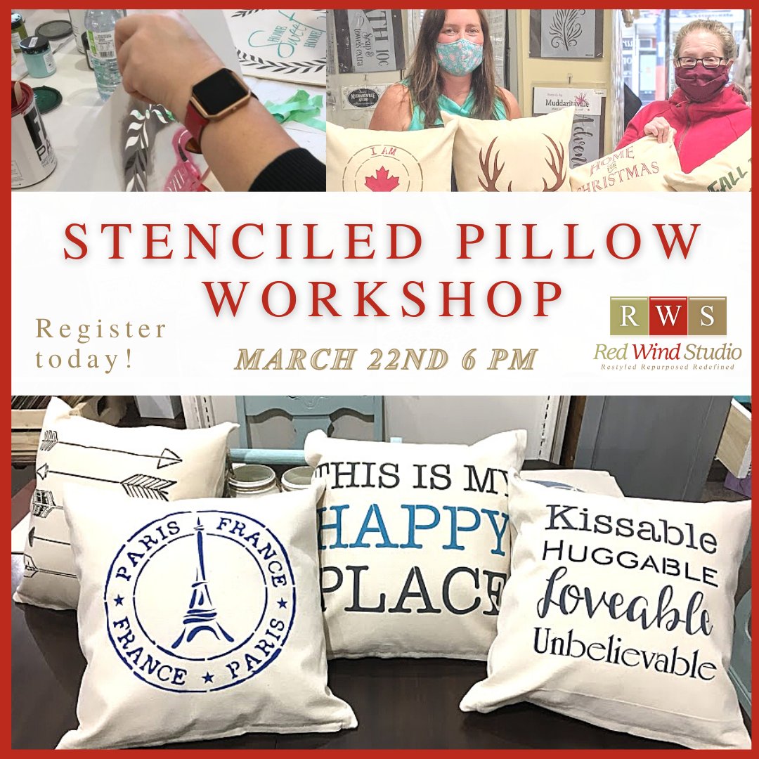 Redwindstudio's tweet photo. ➡️Register today for our Stenciled Pillow Workshop‼️

Come on out to the studio to stencil 2 cotton canvas pillows (insert included). A fun workshop with several stencil designs to choose from. Make them as gifts or keep them for yourself. https://t.co/pVLW3IPbjg
