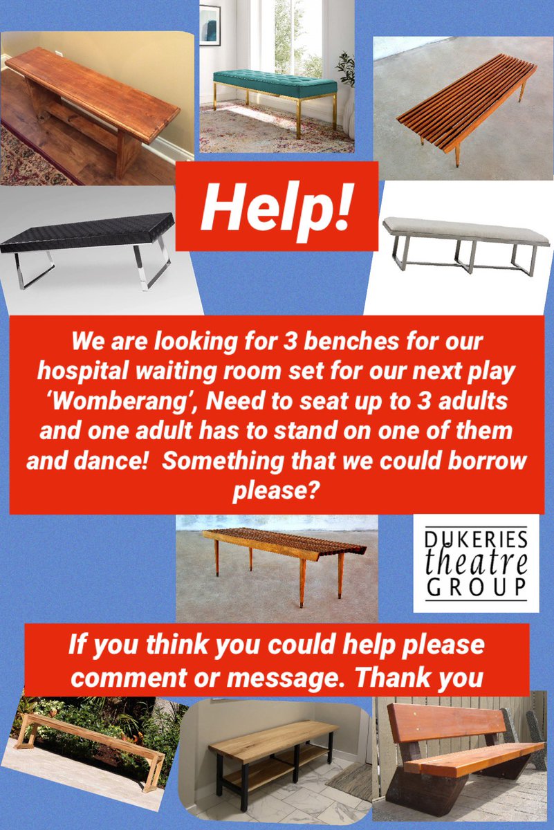 DukeriesW's tweet photo. We are looking for 3 benches for our hospital waiting room set that we could borrow or hire? Need to be moveable, seat 4 people and 1 person dances on one of them. Can anyone help please? North Notts area but willing to collect & return. #amdram #supportlocaltheatre #worksop https://t.co/cIFOJEjDXX