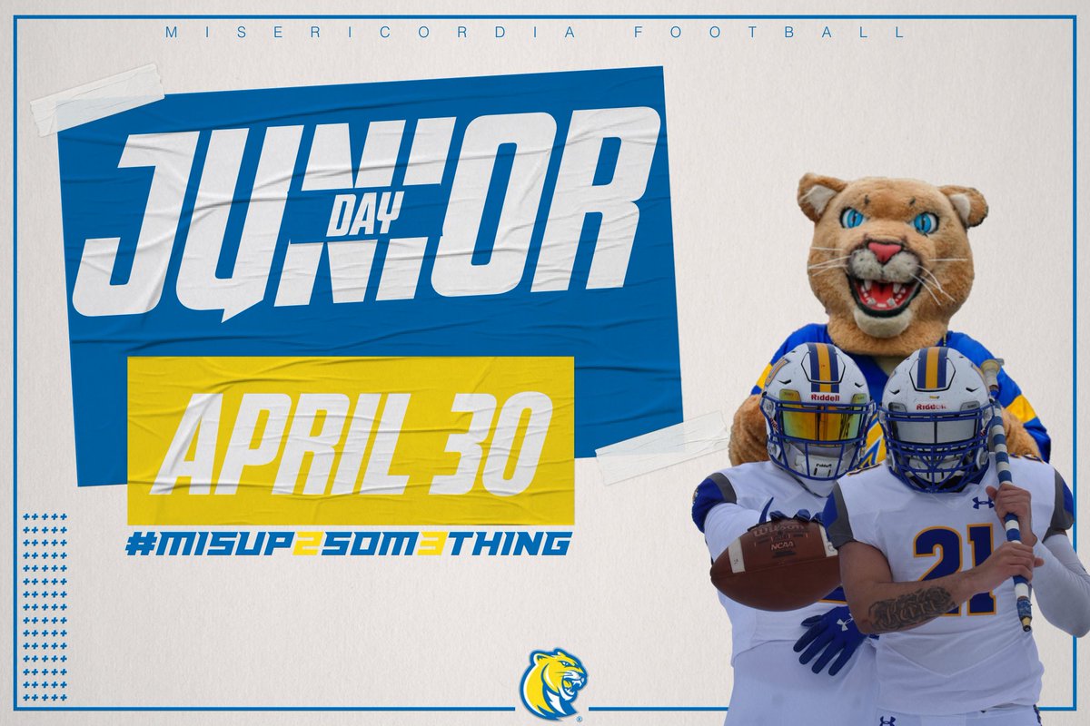MUCougarsFB's tweet photo. 🟨Misericordia University JR Day🔵
Who: Class of 2023
What: Tour/🏈Practice/Photos/Fun
When: April 30 9:30am 3️⃣0️⃣
Where: Mangelsdorf Field📍📍
*Must have questionnaire submitted
** RSVP to @CoachRGaskins2 
*** Event will fill up/Space limited
#MisUp2som3thing https://t.co/sFsI5vknul