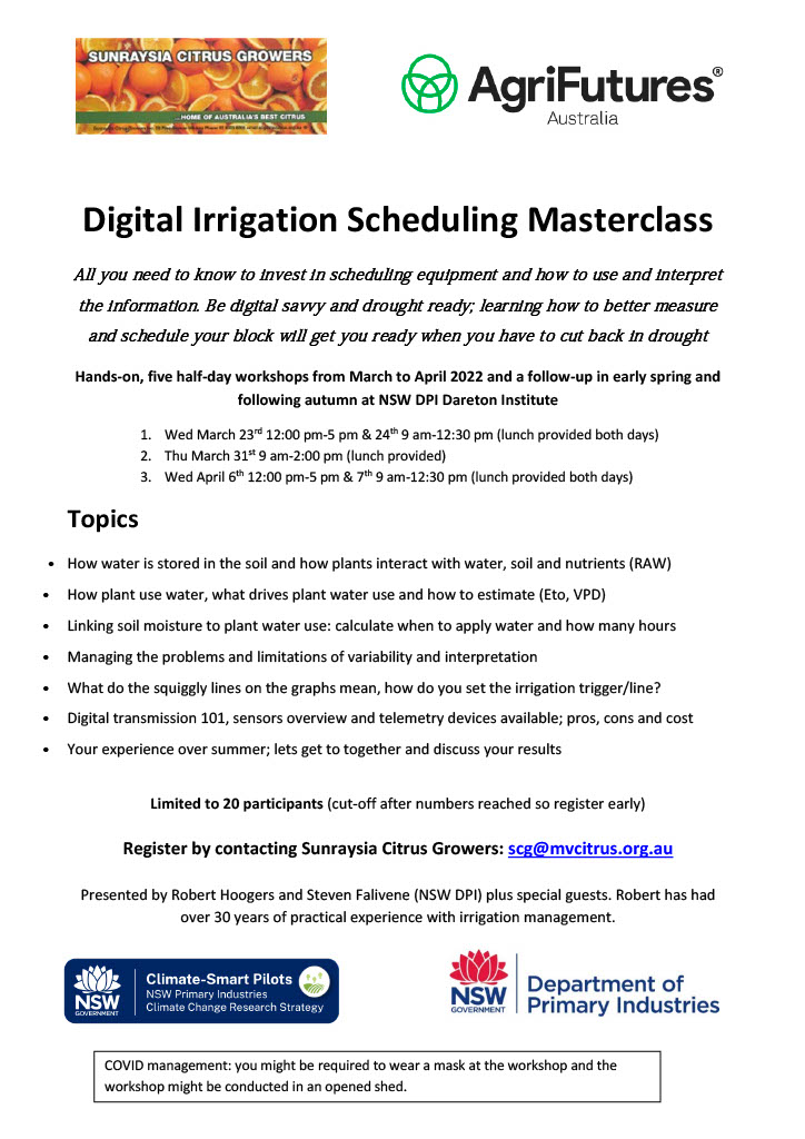 CitrusAustralia's tweet photo. π IRRIGATION WORKSHOPS IN DARETON π
Become digital savvy and drought ready with Steven Falivene and Robert Hoogers' Digital Irrigation Scheduling Masterclass. Register today! #irrigation #citrusworkshops #sunraysiacitrusgrowers #daretonnswdpi #nswdpi #citrusaustralia https://t.co/NGnQHP5Rbk