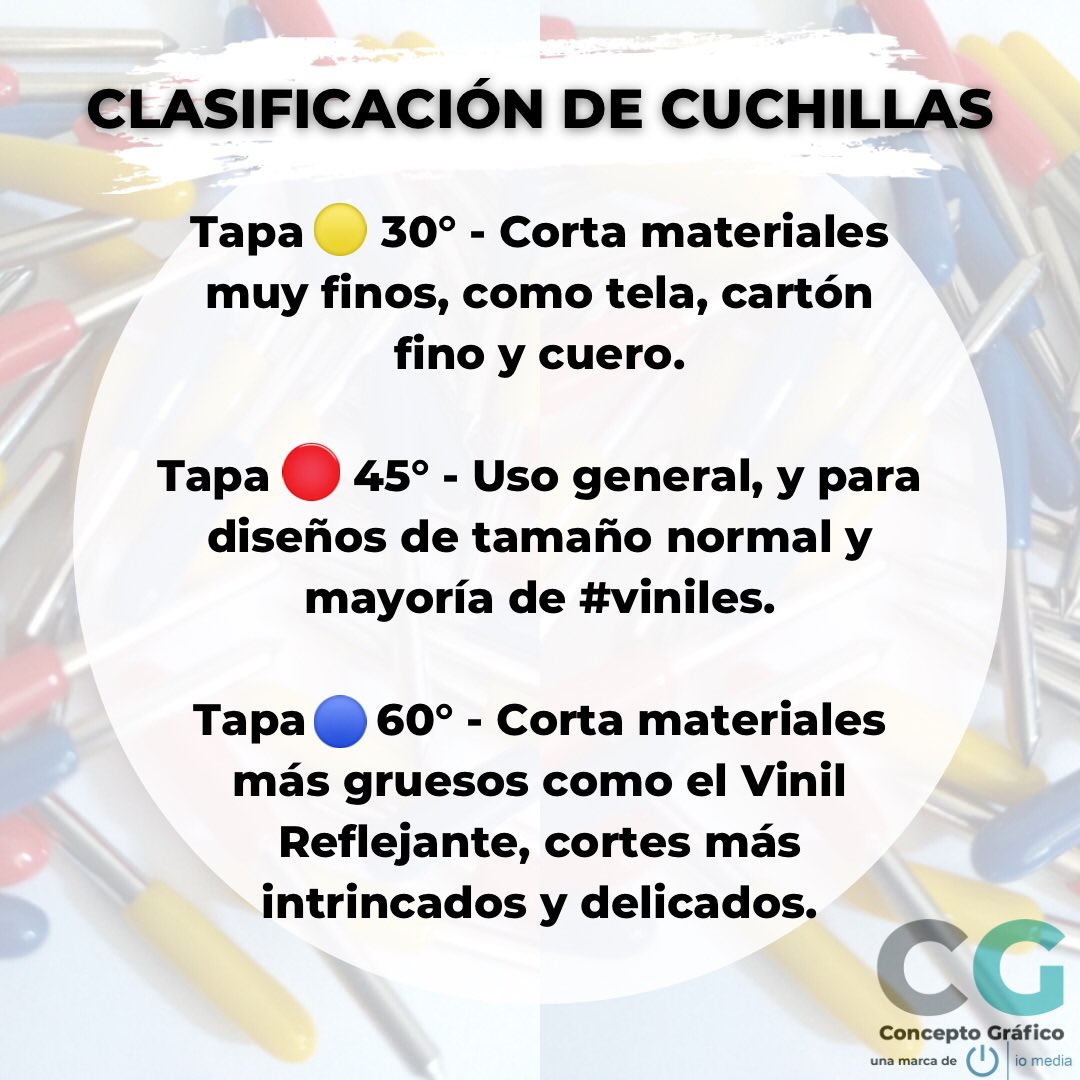ConceptoGrafmx's tweet photo. En este post, puedes consultar la aplicación de cada color y grado de cuchilla que hay para cortes con plotter 🖨🗡✨.

CUCHILLAS 🟡🔴🔵

🖥 https://t.co/0I3eSByww0

#conceptográfico #cuchillas #plotter #corteconplotter #rotulacion #anuncios #publicidad #artesgraficas https://t.co/Dep1MsC2vT
