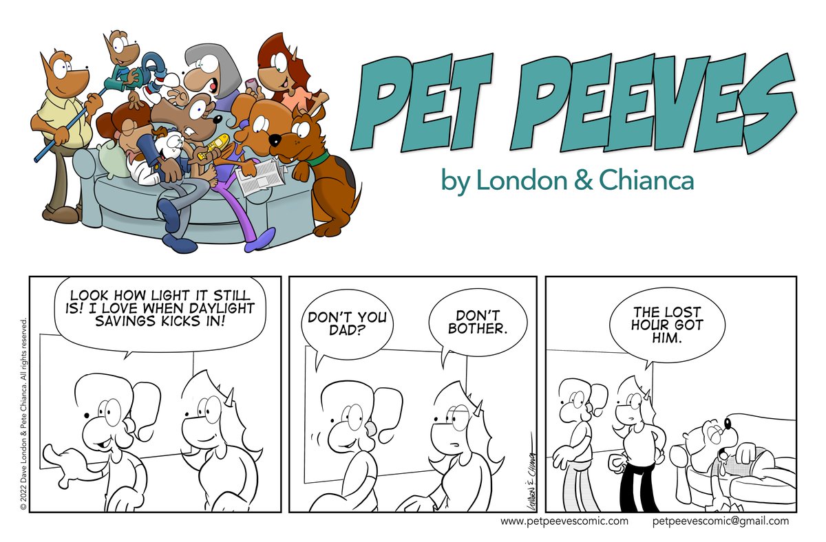 PetPeevesComic's tweet photo. Pet Peeves 3/15/22, in which CJ loses an hour somewhere. (Sign up to get Pet Peeves in your inbox at https://t.co/D1cr7OSm92!) #DaylightSavingTime #sleeping #losthour #comicstrip #humor https://t.co/PHihEEW1Sd