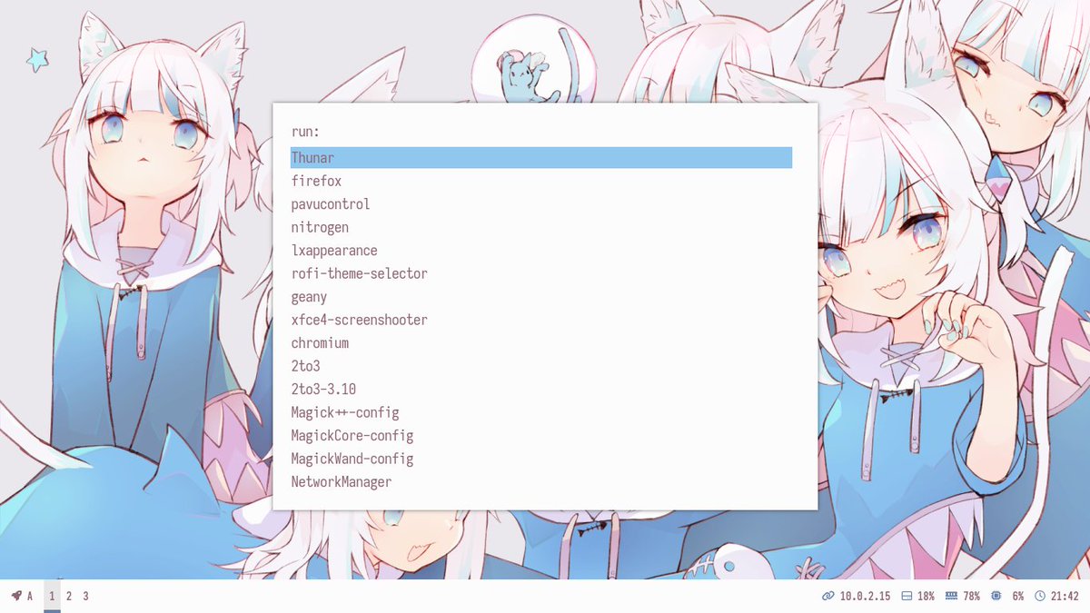 Shikikan_Neko08's tweet photo. ShArch Linux
[i3-gaps] A
OS : BTW
WM : i3-gaps
Terminal : Kitty
Font: Iosevka Term SS01

#ArchLinux #Unixporn #LinuxRicing #LinuxRice #i3wm https://t.co/g4lntsTvS9