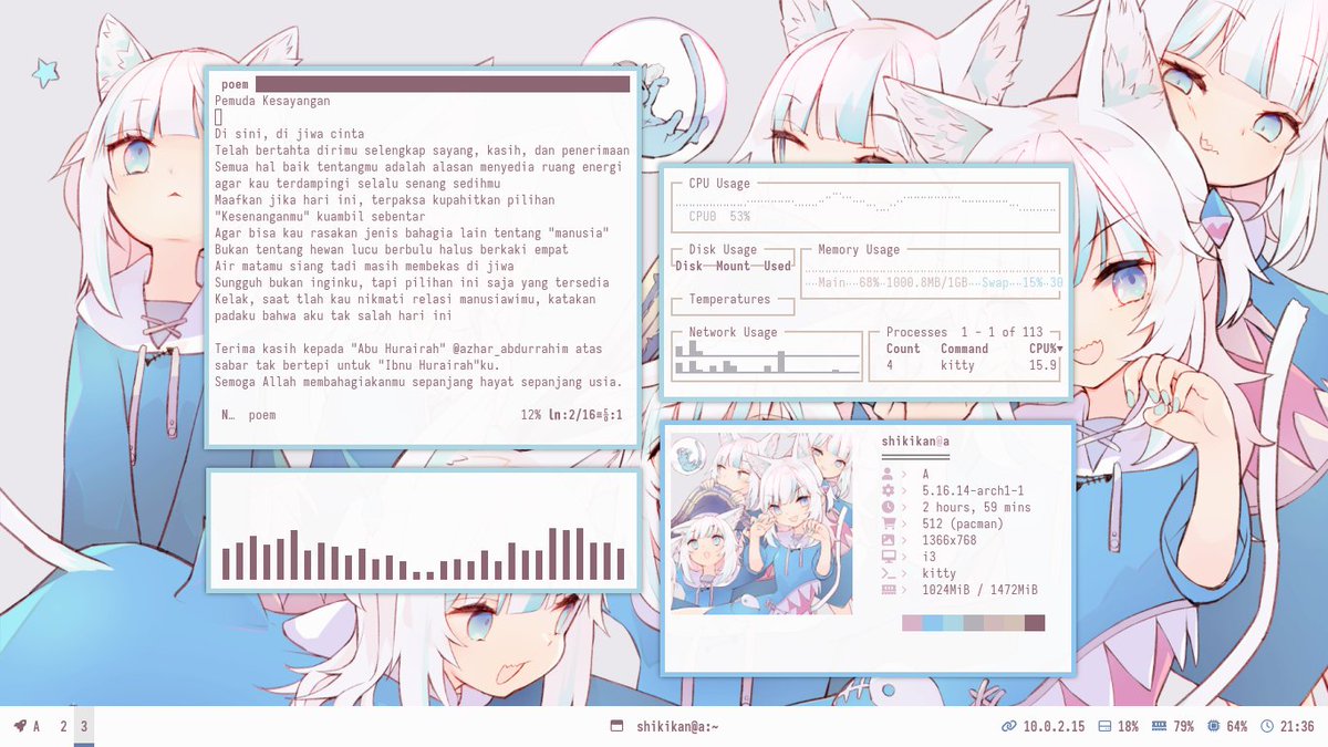 Shikikan_Neko08's tweet photo. ShArch Linux
[i3-gaps] A
OS : BTW
WM : i3-gaps
Terminal : Kitty
Font: Iosevka Term SS01

#ArchLinux #Unixporn #LinuxRicing #LinuxRice #i3wm https://t.co/g4lntsTvS9