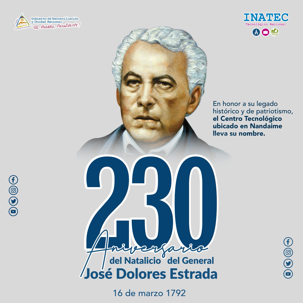 TecNacional's tweet photo. 📚Desde el Tecnológico Nacional, rendimos honor y gloria al General José Dolores Estrada en su 230 Aniversario de Natalicio. #SoyTecNicaragua 🇳🇮 https://t.co/n9JWwVXcYF