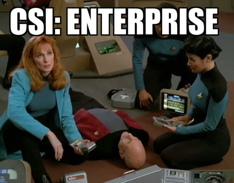 TrekUntold's tweet photo. "Looks like the only tea here is Earl Dead, cold." YYEEAAAAHHHHH (cue music)!!!!
#startrek #startrekTNG #csi #patrickstewart #picard #startrekpicard #gatesmcfadden #beverlycrusher #trekkies #scifi #meme #memes #startrekmemes #startrekmeme #csimeme #crimescene https://t.co/JNKgAFuXP9