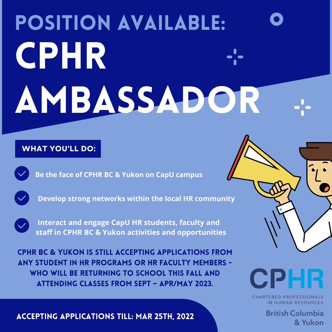 CPHR BC &amp; Yukon are recruiting new 2022-2023 CPHR Student Ambassadors for the Lower Mainland, specifically for Capilano University. The volunteer position is only applied for students who are CPHR BC &amp; Yukon members.
Deadline: March 25th, 2022
Apply here: cphrbc.ca/membership/bec…