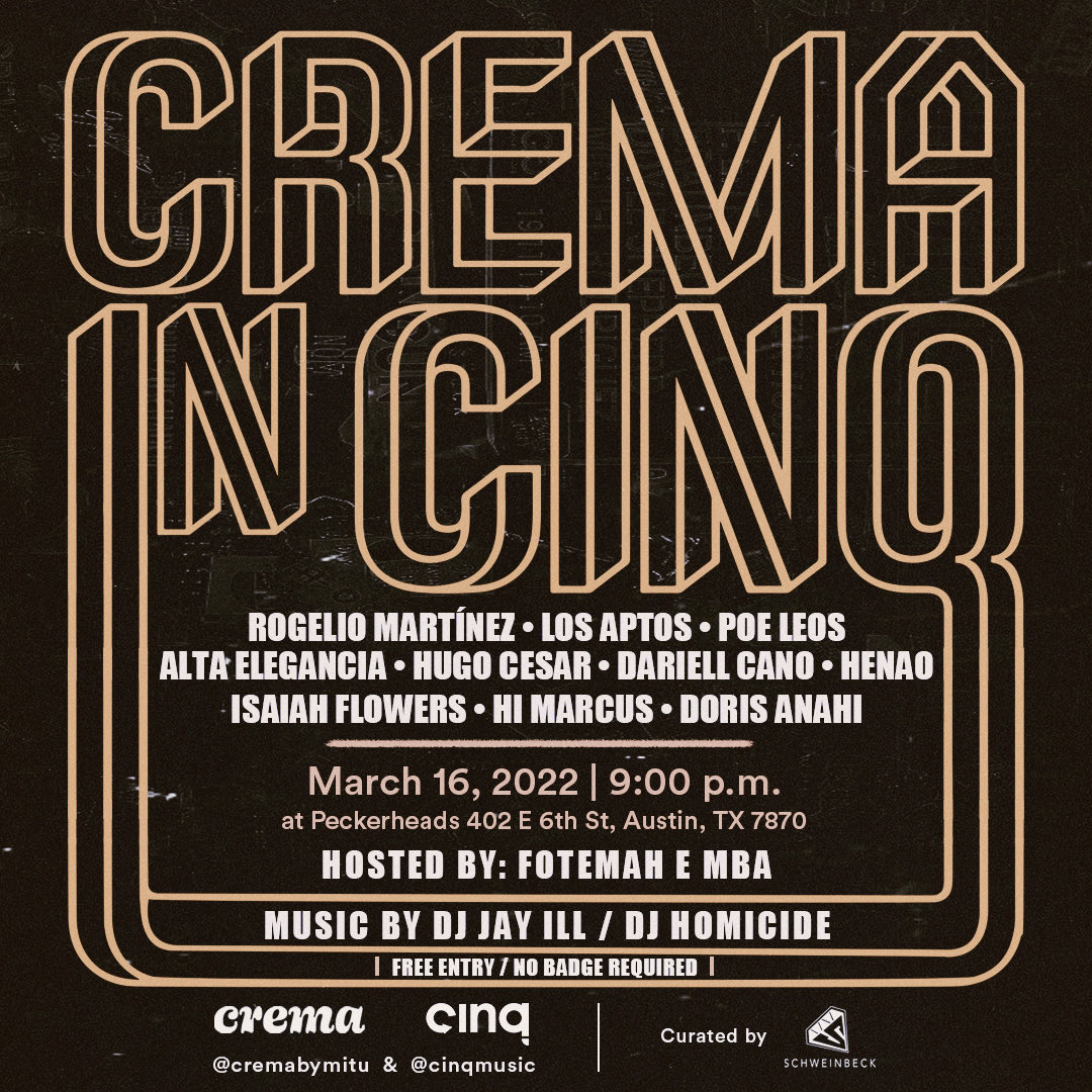 Tomorrow in Austin, TX! ⁦<a href="/CinqMusic/">Cinq Music</a>⁩ • ⁦<a href="/wearemitu/">we are mitú</a>⁩ • ⁦<a href="/cremabymitu/">crema by mitú</a>⁩ • ⁦<a href="/iLLTenacity/">Jalil Miles</a>⁩ • ⁦<a href="/djhomicidemmg/">IG: Vonthedj</a>⁩ • ⁦@Tmah_Jump⁩ • ⁦<a href="/H_E_N_A_O/">HENAO</a>⁩ • ⁦<a href="/RealPoeLeos/">Poe Leos</a>⁩ &amp; more!!