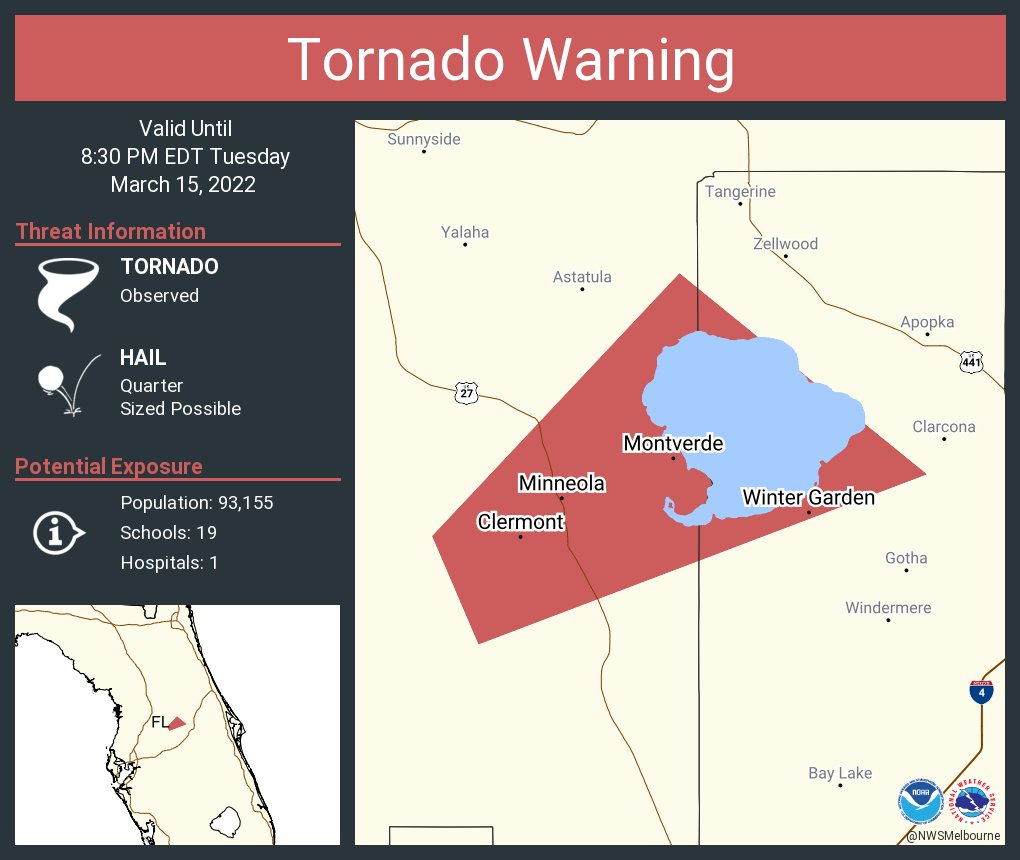 NWStornado's tweet photo. Tornado Warning continues for Winter Garden FL, Clermont FL, Minneola FL until 8:30 PM EDT https://t.co/YIfTdBqwPS