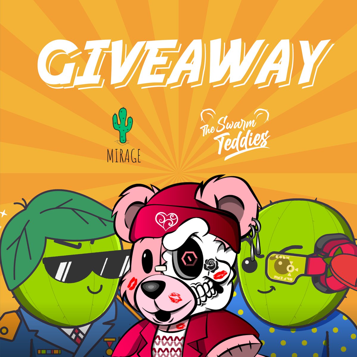 Today we have partner with Oasis mirage to give our community 10 WL spots + 1 NFT for their upcoming  NFT collection🐻x🌵

To participate:
1⃣Folow @swarmteddies &amp; @miragemarket
2⃣ Like, retweet and tag 3 friends
3⃣ Join discords discord.gg/aJgwGgMfYP discord.gg/aBmnzuCgr7