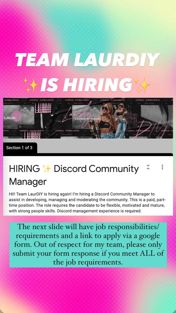 laurDIY's tweet photo. I’m hiring a @discord community manager! ✨ if you meet all of the requirements &amp; think you’re a good fit, the link to apply has been posted to my Instagram story 💖 https://t.co/7aFs7DCZ8I