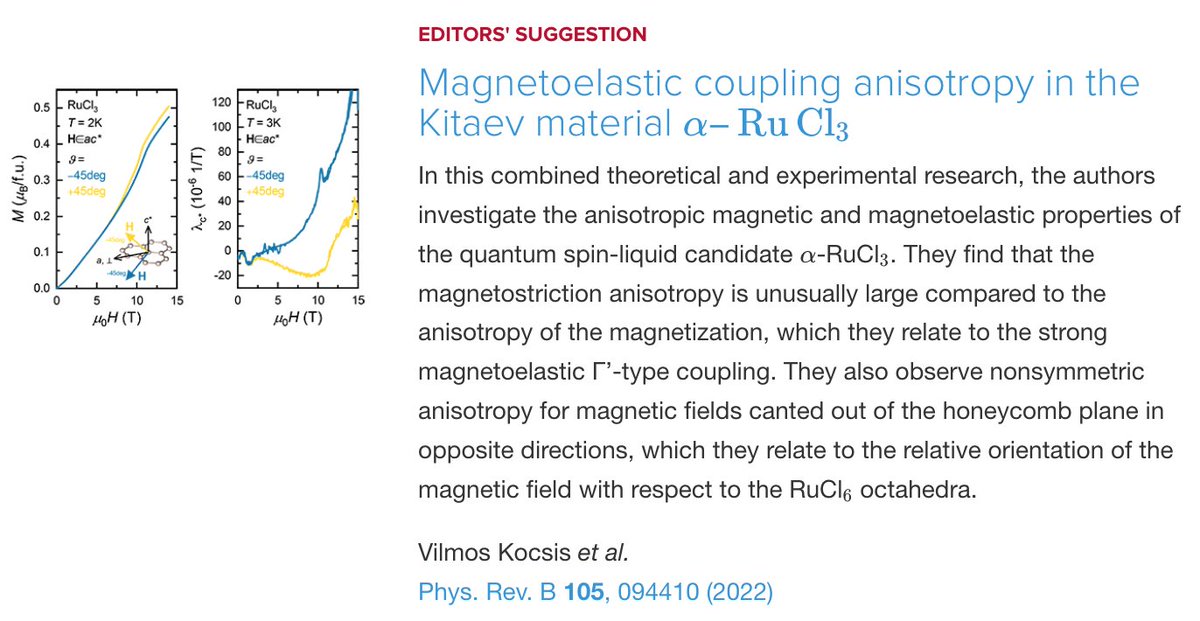 PhysRevB's tweet image. PRB Editors&apos; Suggestion: #Magnetoelastic coupling #anisotropy in the #Kitaev material α−#RuCl3

V. Kocsis, D. A. S. Kaib, K. Riedl, S. Gass et al., 
Phys. Rev. B 105, 094410 – Published 7 March 2022
#physics #condmat #EdSugg @APSPhysics

Article: go.aps.org/3q0HsCy