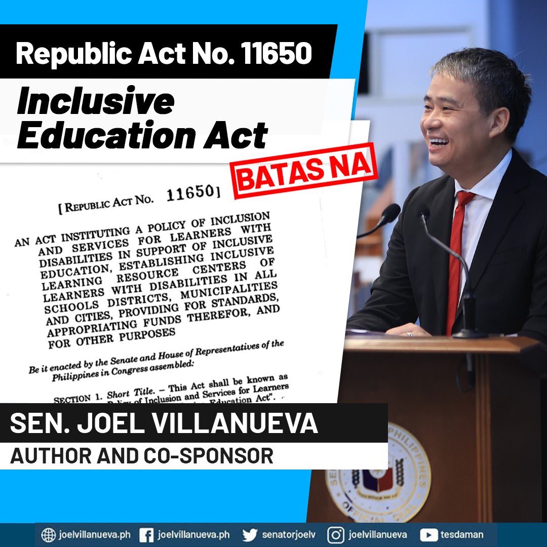senatorjoelv's tweet photo. Palalawakin po ng sinulong nating RA 11650 ang mga educational services para sa mga learners with disabilities (LWDs). 

Bibigyang daan din po nito ang establishment ng mga SPED Centers, at ang hiring ng mga SPED Teacher at mga espesyalista tulad ng Guidance Counselor, https://t.co/JIN9PnnByJ
