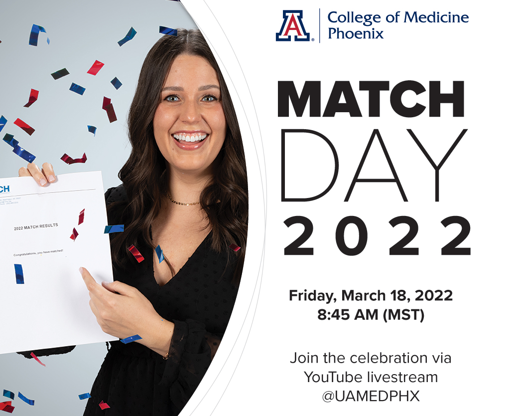 uazmedphx's tweet photo. We can't wait to learn where our fourth-year #medicalstudents matched into #residency! Check out our #MatchDay2022 student profiles and learn more about this important milestone in a #FutureMD's journey here: https://t.co/kkTlLgzKT3 #medicalmatch https://t.co/2MNiH9LpFF