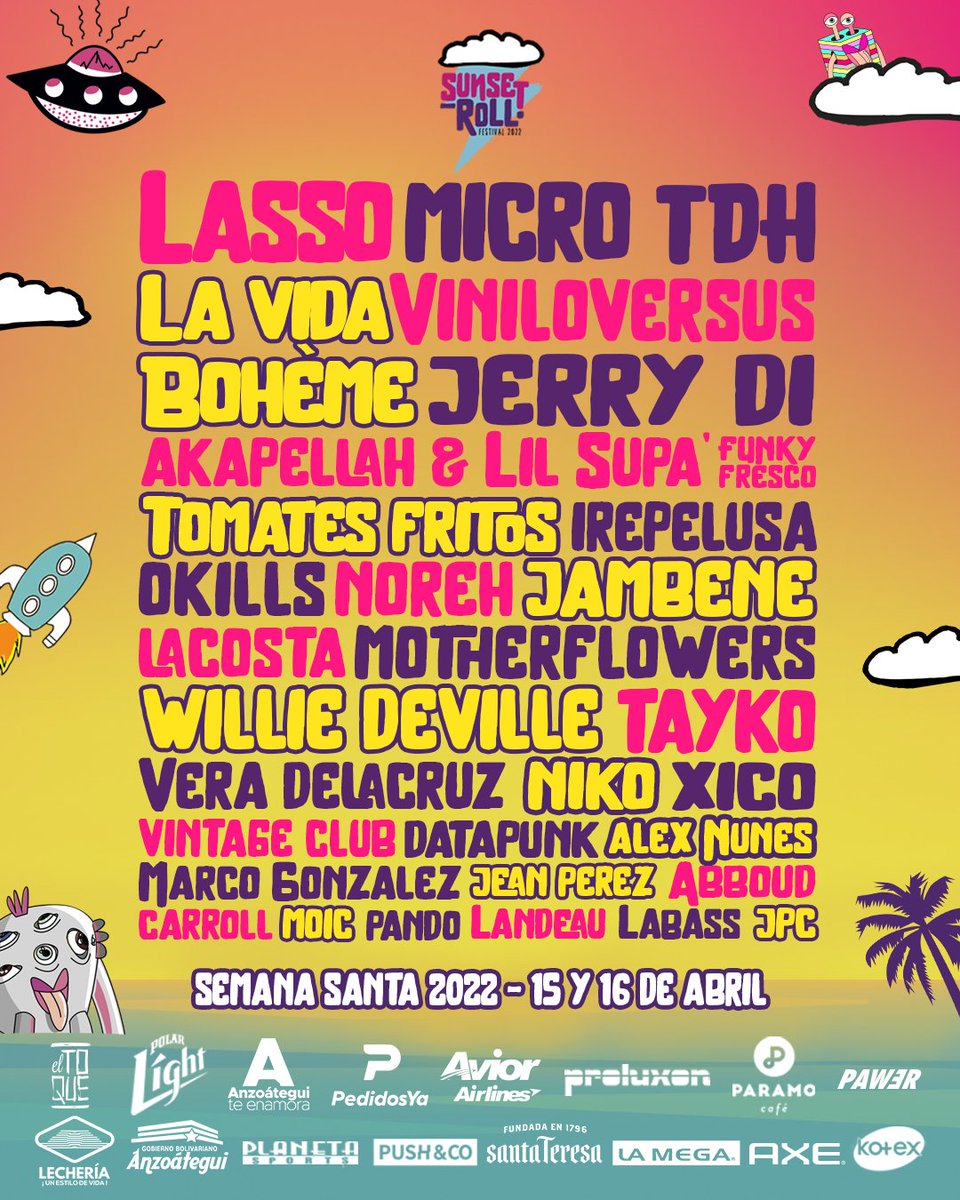 SunsetRoll's tweet photo. CUENTA REGRESIVA + CARTEL COMPLETO⚡

Este 15 y 16 de abril vivirás DOS días con estos talentazos. Unos rompiéndola en la tarima 1 y otros en la tarima 2 ambientando las vibes👾

Móntate en la nave antes que despegue🛸 estos #10AñosSunsetRolling se tripean una vez en la vida🌝 https://t.co/ZUOXcqOKIa