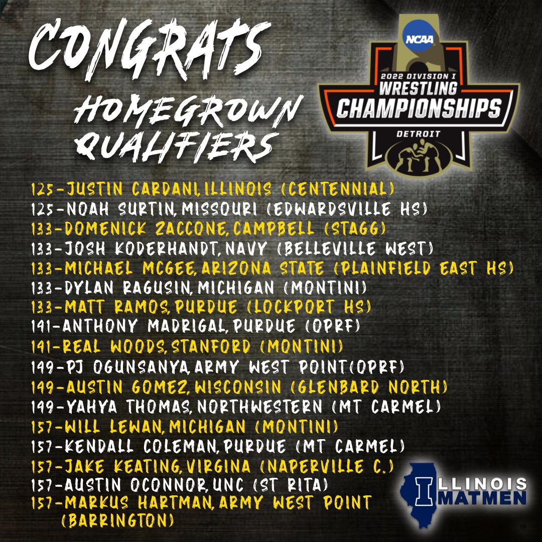IllinoisMatmen's tweet photo. Good luck to our Illinois Matmen competing at the DI National Championships this weekend 💪 #ILStrong #MarchMATness https://t.co/Zth8NrQfyn