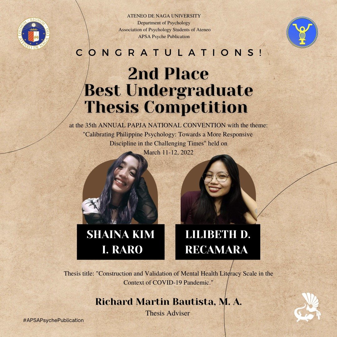 ADNU_Official's tweet photo. Congratulations to Shaina Kim Raro and Lilibeth Recamara!
2nd Place Best Undergraduate Thesis Competition
35th Annual PAPJA National Convention | 11-12 March 2022
#inpsych
#OneAPSA
Source: https://t.co/S6YHlkcCCV https://t.co/gqjPY7y1rm