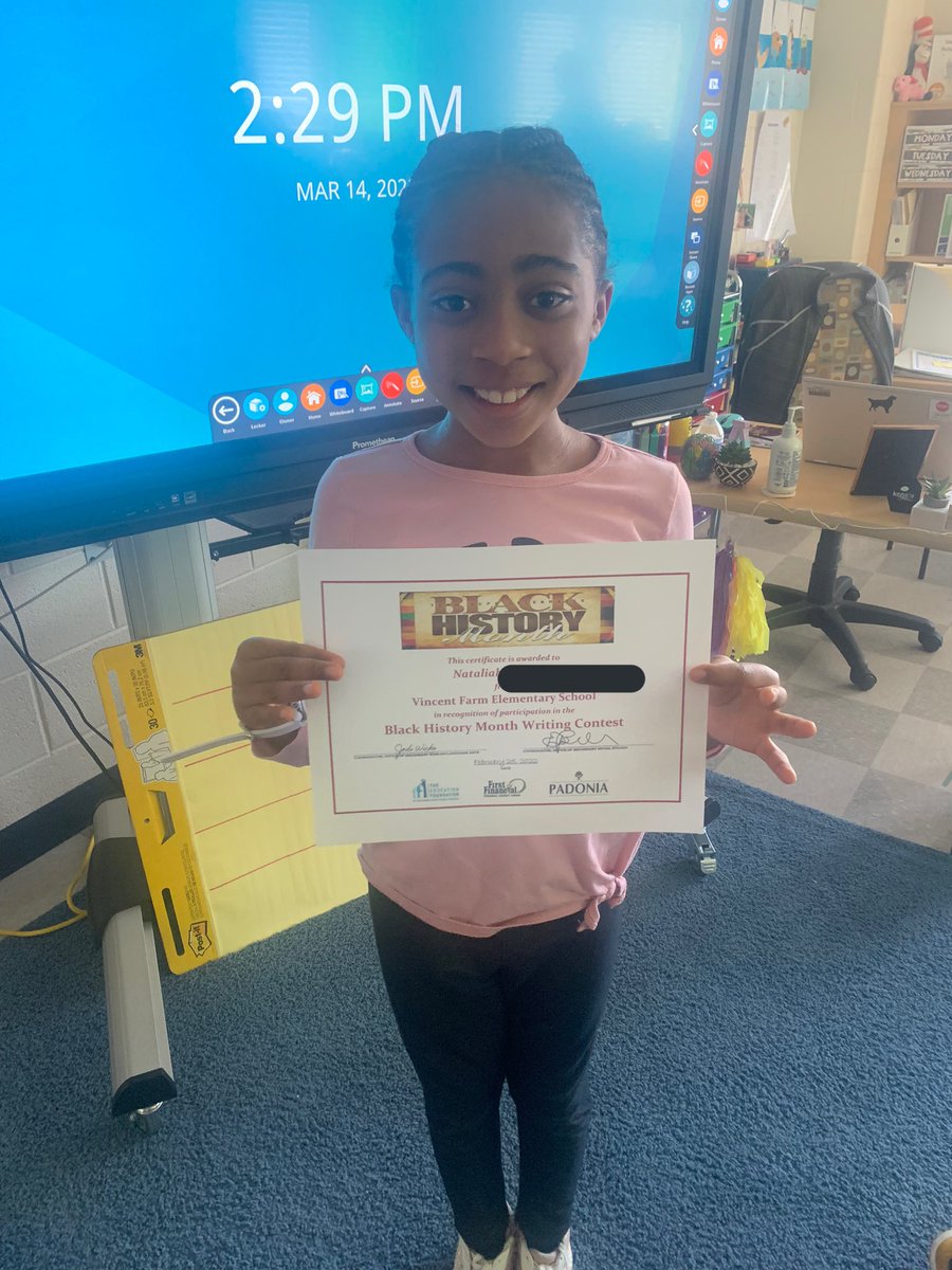 So proud of our classmate for getting her writing chosen to go to the next stage for the black history writing contest, she was 1 out of 4 chosen at VFES! Way to go! ❤️