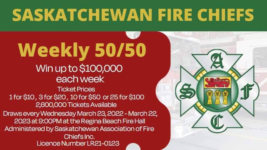 CBFireRescue's tweet photo. We are excited to announce the Saskatchewan Association of Fire Chiefs weekly 50/50 draw!

Tickets can be purchased starting tomorrow, March 16, with the first draw on March 23. 

Watch our social media accounts tomorrow for the link to support Churchbridge Fire Rescue! https://t.co/2vDmxUlqDq