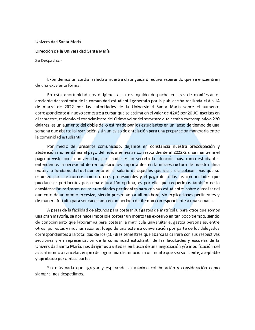 GIndaga's tweet photo. Se formó un grupo de delegados de varias facultades que se dirigirá a las instalaciones de la universidad para representar a cada persona afectada con el siguiente comunicado, el cual se realizó bajo fines que buscan justicia entre alumnos y universidad #NOALAUMENTODELSEMESTREUSM https://t.co/RNu9cjAbQH