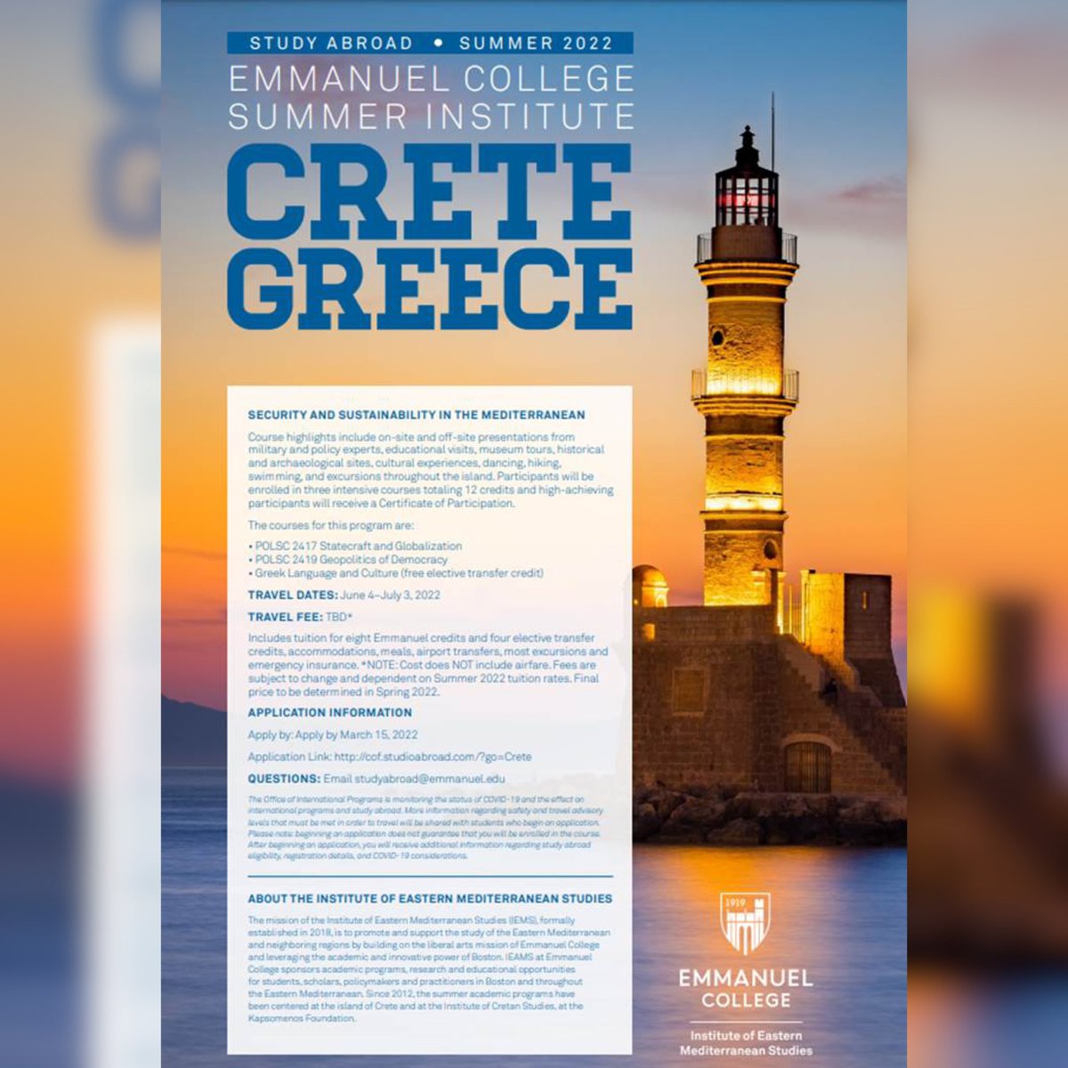 The application for the Emmanuel Eastern Mediterranean Program for Summer 2022 has been extended to March 22!
 
The dates for the program will be June 4 – July 3, 2022 and the program will be based in Crete, Greece.