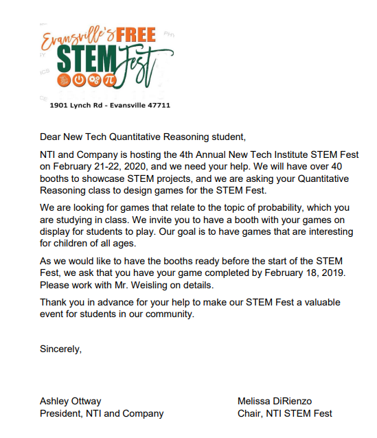 chrisgibsonedu's tweet photo. #PBLChat
A2: Here is an example of an #EntryEvent for project in our Quantitative Reasoning class. Our school actually has a STEM Fest each yr, which makes this entry event #relevant and tied to standards. Ss actually had to create the games listed in the letter! #PBL #PrBL #Math https://t.co/F5uTDTlbRq