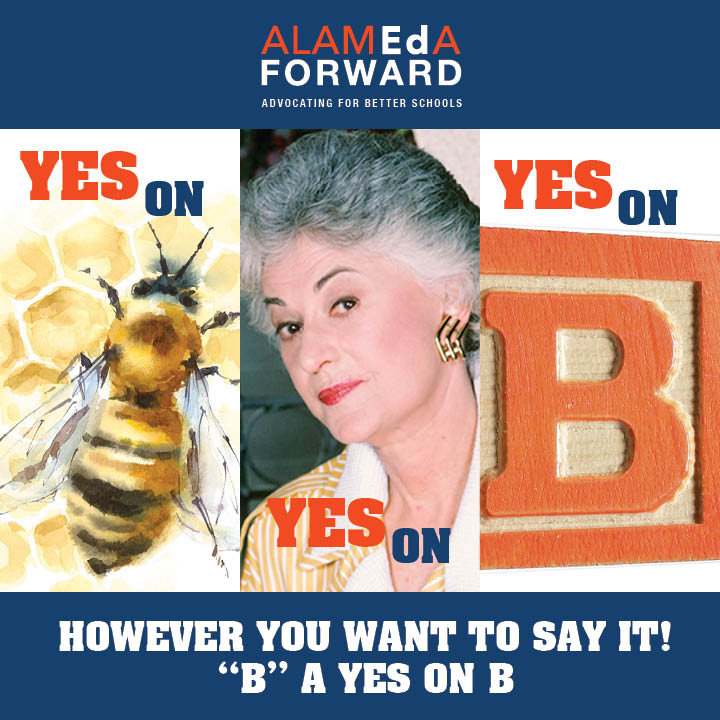 alameda_forward's tweet photo. What ever you do to remember YES ON B, YES ON Bee, YES ON Bea - do it Alameda. "B" a YES ON B. #AlamedaCA #June7Primary #Alamtg #BetterSchools https://t.co/xweDeLcKAg