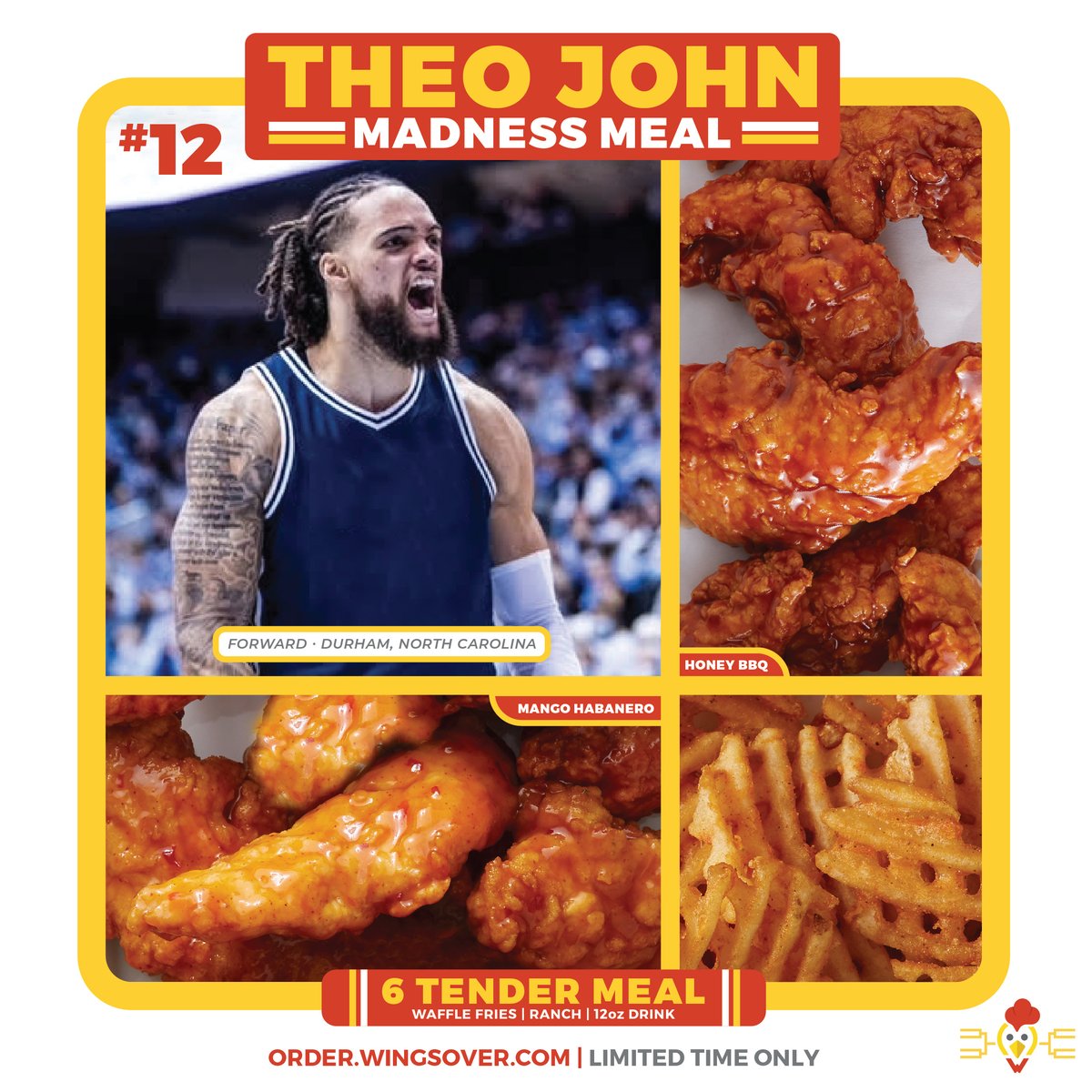The @TheoJohn123 Madness Meal! 6 Tenders with Mango Habanero &amp; Honey BBQ, Waffle Fries, Ranch, and a 12oz Drink. Available now for a limited time only at Order.WingsOver.com.