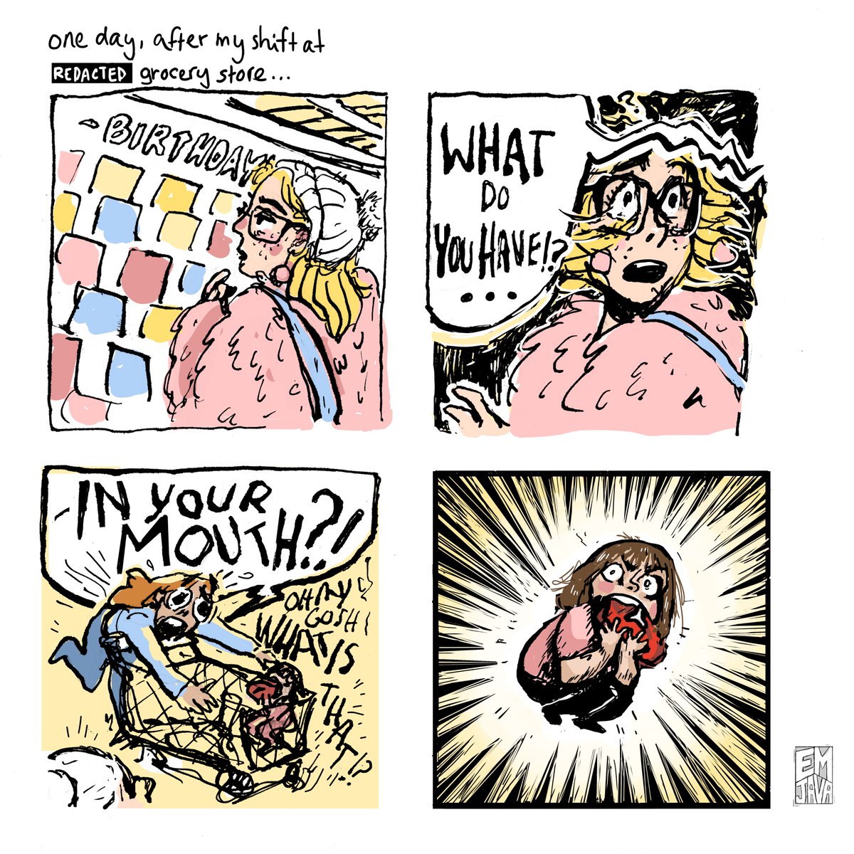 Emi_java's tweet photo. A comic of a real life event witnessed after my shift at work. I love how feral little girls can be lmao.

She was crouched in the cart just aggressively shoving a whole raw t-bone steak into her mouth. I was horrified, her mother was horrified. Incredible. #comic https://t.co/Nutc80hvJH