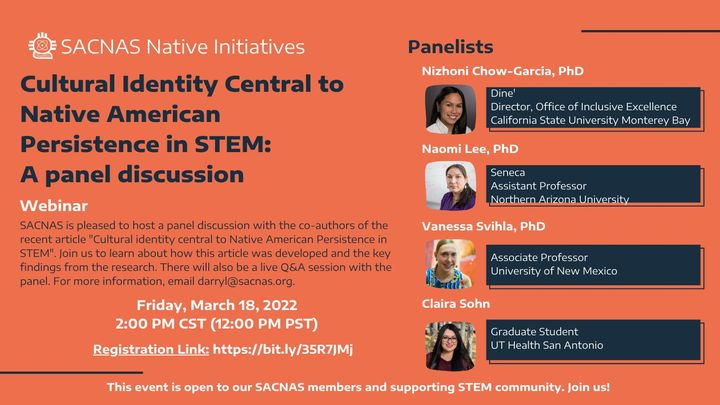 SACNAS's tweet image. Join our community to learn about "Cultural identity central to Native American Persistence in STEM" this Friday 3/18. Includes live Q&amp;amp;A! 
Register &amp;gt;&amp;gt; bit.ly/35R7JMj 

#NativeinSTEM #PoCinSTEM #IndigenousSTEM #TrueDiversity