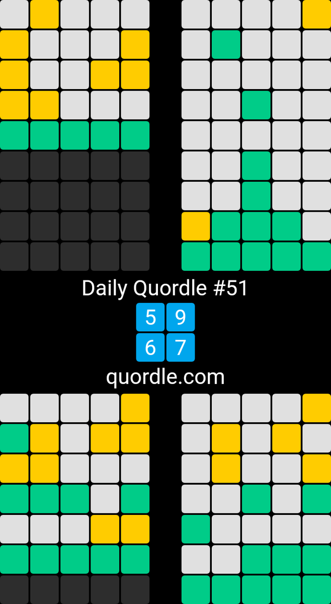 Daily Quordle #51
5️⃣9️⃣
6️⃣7️⃣
quordle.com