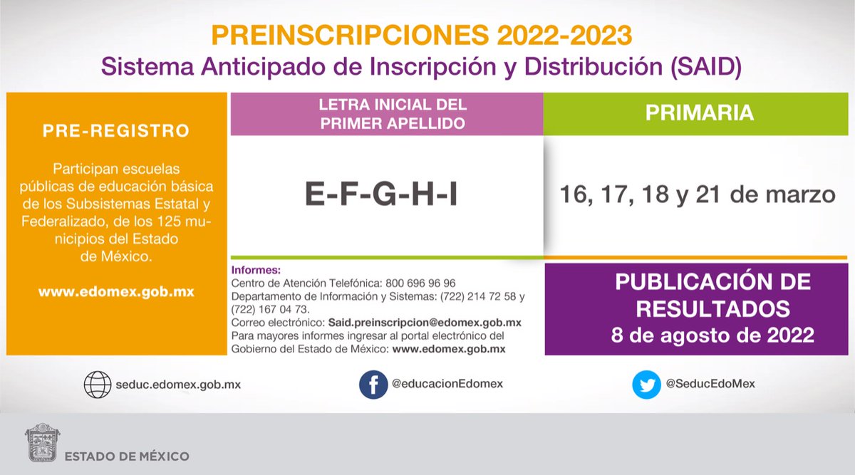 secti_edomex's tweet photo. #NoLoDejesPasar | Lleva a cabo la preinscripción de tu hija o hijo a primer grado de #Primaria en escuelas públicas estatales y federalizadas del #Edoméx.
Consulta la convocatoria del #SAID2022 👉 https://t.co/B0Dlf6MEIC
@SEIEM_ 
@SEB_Edomex https://t.co/ipRwzcDDmg
