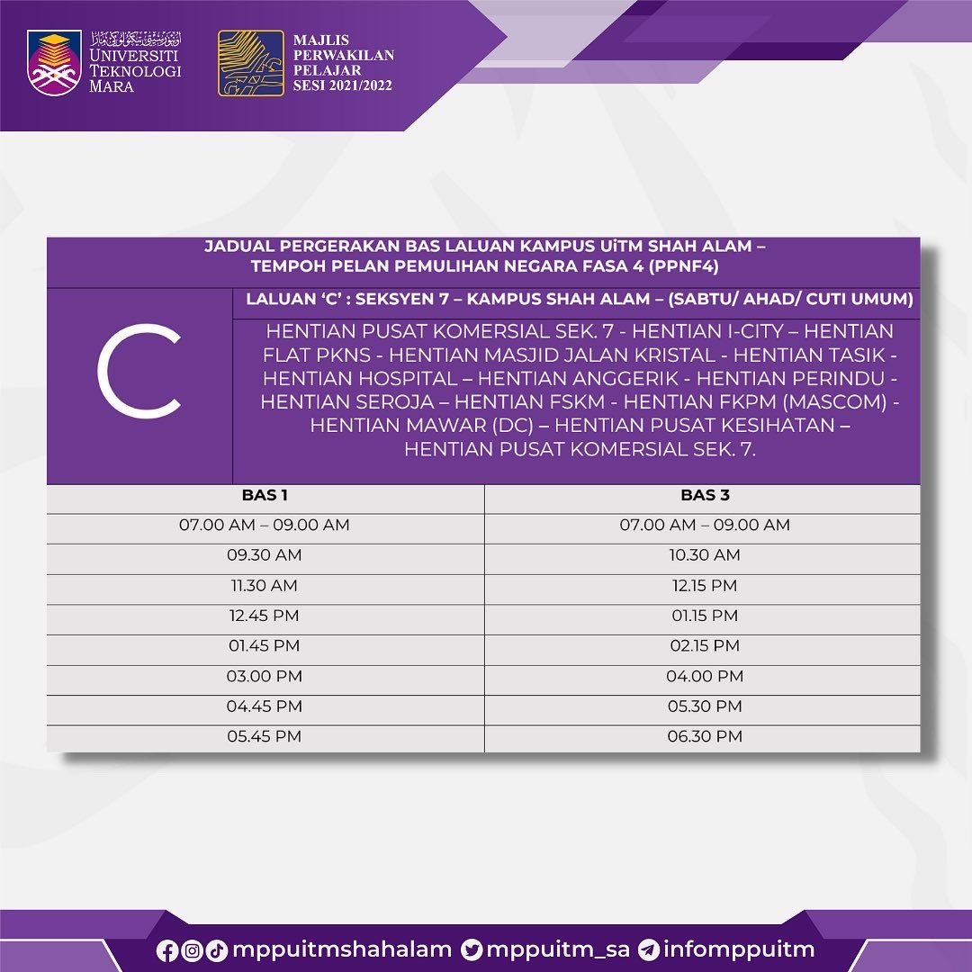 ØªÙÛÛØªØ± Mpp Uitm Shah Alam Sesi 2021 2022 Ø¯Ø± ØªÙÛÛØªØ± Selasa 15 Mac 2022 Assalamualaikum Wbt Salam Sejahtera Salam Uitm Di Hatiku Jadual Masa Pergerakan Bas C Dan D Dalam Kampus