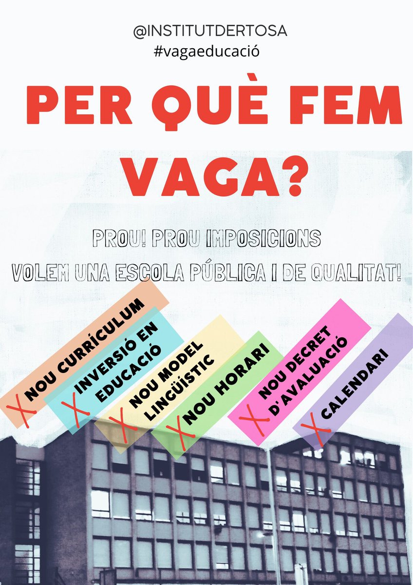 Serra8Nuria's tweet photo. Ahir a Barcelona, avui a Tortosa. 
Som-hi docents i famílies de l’@insdertosa!
10:30 concentració davant de l’institut. 11:30 davant Serveis Territorials. https://t.co/lIfEpx1KFe