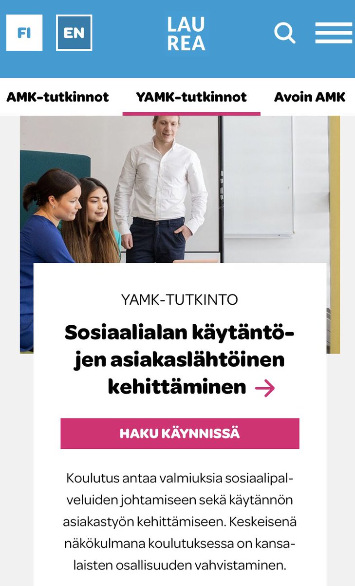 Hei #risesosionomi ja muut alan ammattilaiset 📢 Haluatko syventää osaamistasi ylemmän AMK -tutkinnon opinnoissa <a href="/laureauas/">Laurea-ammattikorkeakoulu</a>:ssa? Hae mukaan Sosiaalialan käytäntöjen asiakaslähtöisen kehittämisen koulutukseen (YAMK)🤩Hakuaika 16.-30.3.22 💻 #YAMK
laurea.fi/koulutus/sosia…