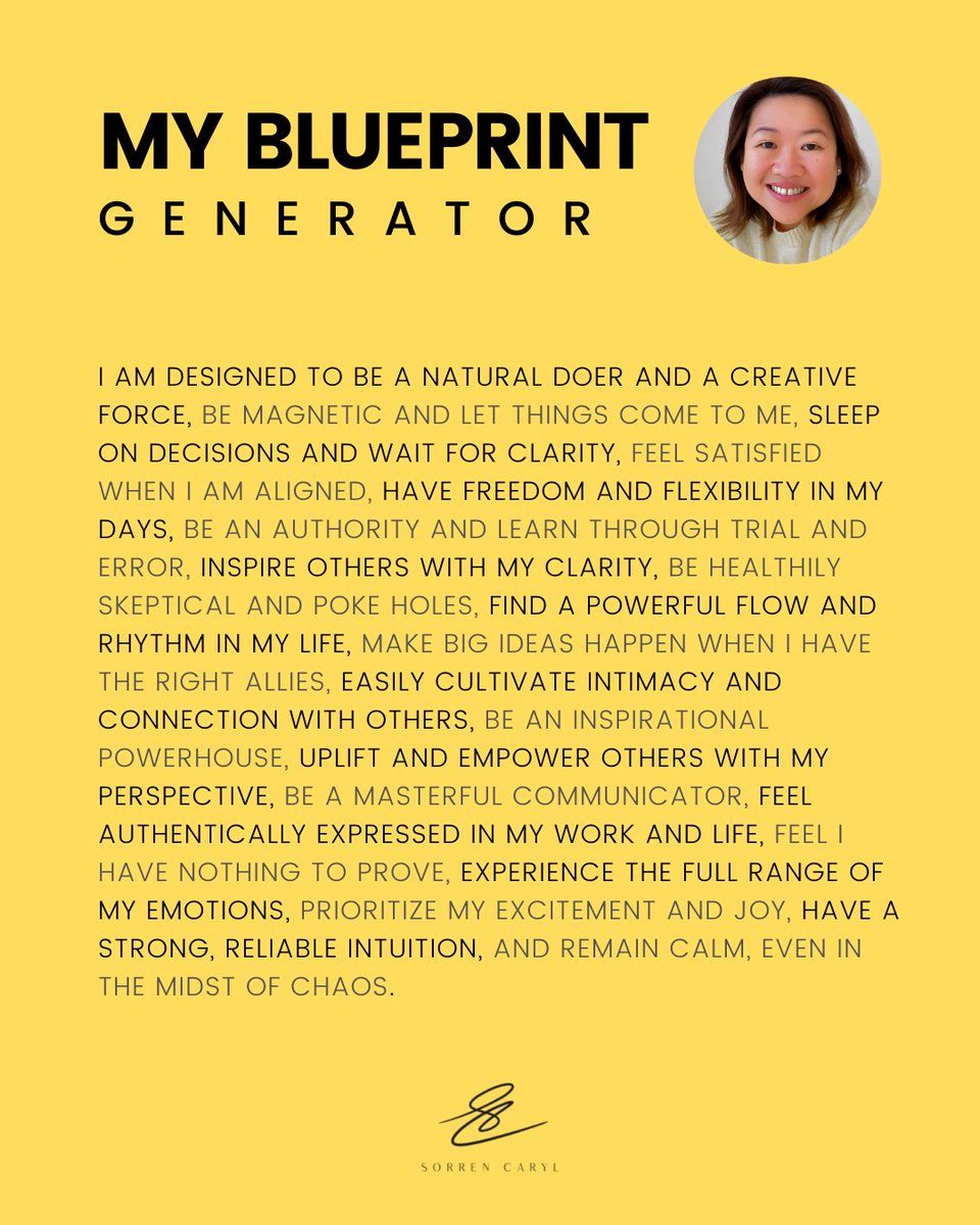 SorrenCaryl's tweet photo. I’m a #Generator, and Erin Claire Jone’s Blueprint https://t.co/ct6qPQu1e5 offers #HumanDesign Blueprint chart generation and interpretation. Major #toolalert! Go ahead and explore it and use it to your advantage.

#SelfDiscovery #SelfAwareness #SoulfulLifeCoach https://t.co/eQIOydKsvW